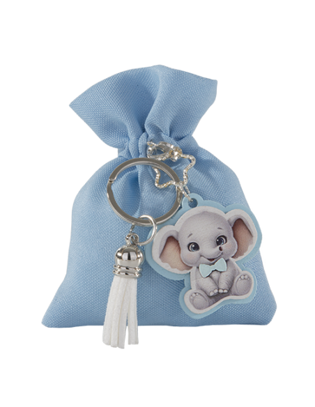 Toys Sacchetto con portachiavi Elefante Celeste Baby 8x10cm | G3S Ingrosso