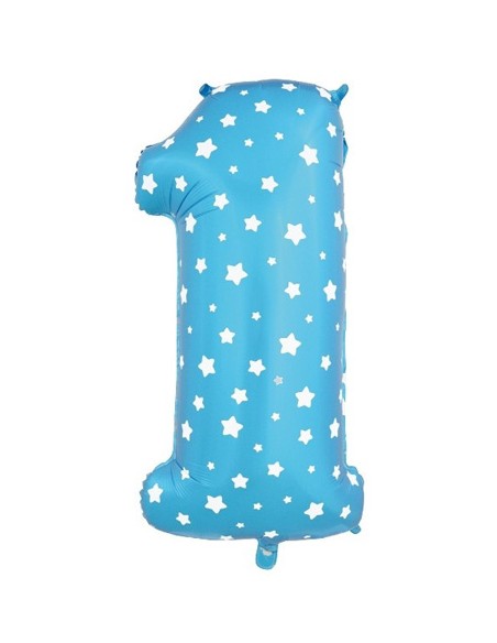 Palloncino Mylar Numero 1 Azzurro con Stelle Mega 40" - 101cm - 1pz | G3S Party