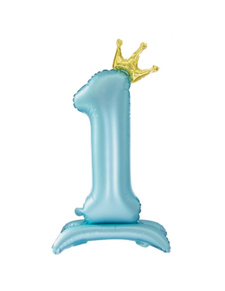 Palloncino Mylar Numero 1 Celeste Mega 40" - 101cm Standing Corona dorata - 1pz | G3S Party