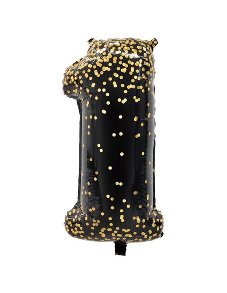 Palloncino Mylar Numero 1 Nero Coriandoli Oro Mega 40" - 101cm - 1pz | G3S Party