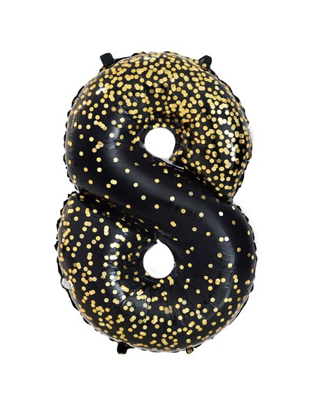 Palloncino Mylar Numero 8 Nero Coriandoli Oro Mega 40" - 101cm | G3S Party
