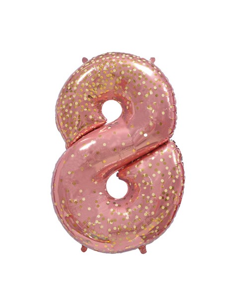 Palloncino Mylar Numero 8 Rosa Gold Coriandoli Oro Mega 40" - 101cm - 1pz | G3S Party