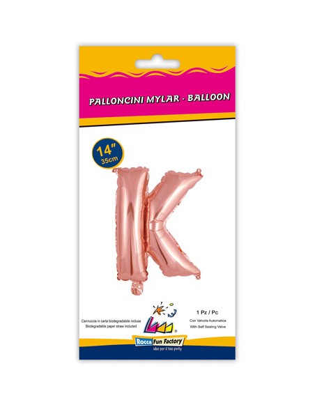 Palloncino Mylar Lettera K Rosa Gold Mini 14" - 35cm con valvola - 1pz | G3S Party