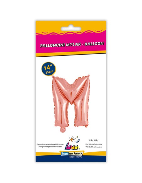 Palloncino Mylar Lettera M Rosa Gold Mini 14" - 35cm con valvola - 1pz | G3S Party