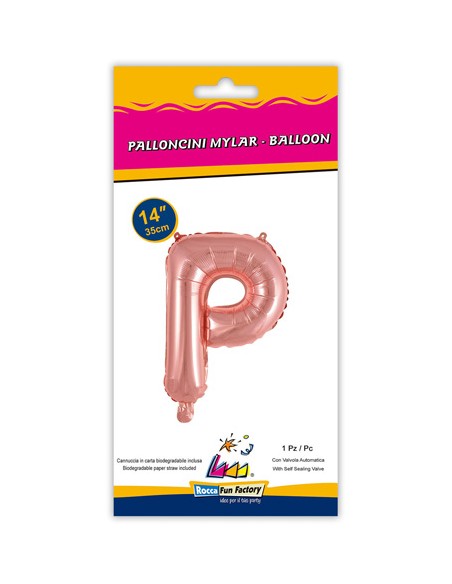 Palloncino Mylar Lettera P Rosa Gold Mini 14" - 35cm con valvola - 1pz | G3S Party