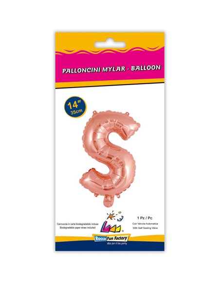 Palloncino Mylar Lettera S Rosa Gold Mini 14" - 35cm con valvola - 1pz | G3S Party