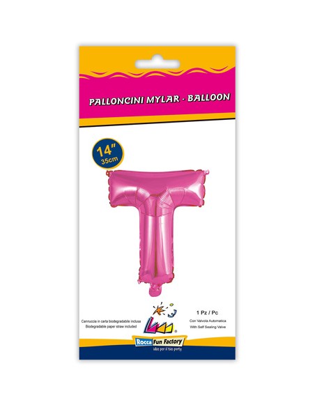 Palloncino Mylar Lettera T Fuxia Mini 14" - 35cm con valvola - 1pz | G3S Party