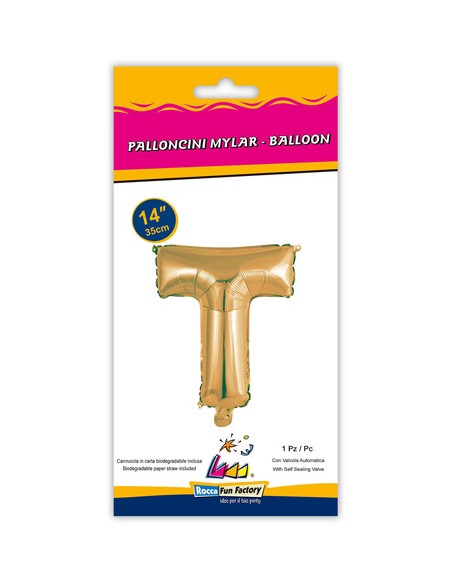 Palloncino Mylar Lettera T Oro Mini 14" - 35cm con valvola - 1pz | G3S Party