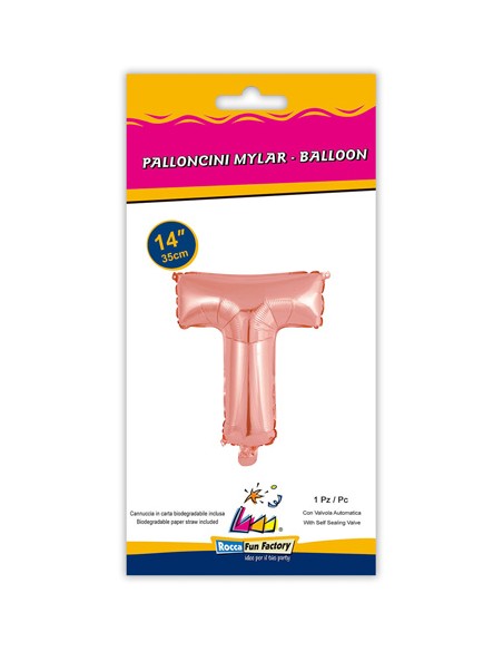 Palloncino Mylar Lettera T Rosa Gold Mini 14" - 35cm con valvola - 1pz | G3S Party