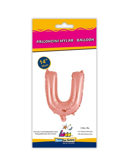 Palloncino Mylar Lettera U Rosa Gold Mini 14" - 35cm con valvola - 1pz | G3S Party