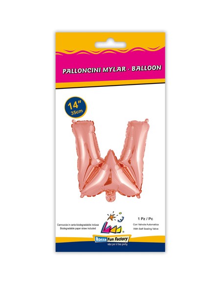 Palloncino Mylar Lettera W Rosa Gold Mini 14" - 35cm con valvola - 1pz | G3S Party