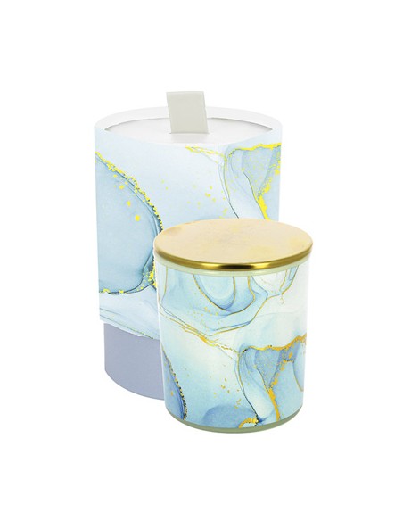 Candela bicchiere effetto marmo blu vetro tappo gold 7x8cm con scatola decorato | G3S
