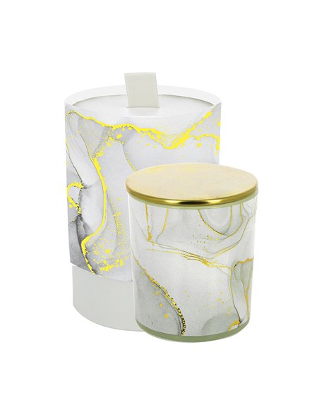 Candela bicchiere effetto marmo grigio vetro tappo gold 7x8cm con scatola decorato | G3S