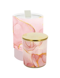 Candela bicchiere effetto marmo rosa vetro tappo gold 7x8cm con scatola decorato | G3S