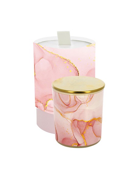 Candela bicchiere effetto marmo rosa vetro tappo gold 7x8cm con scatola decorato | G3S