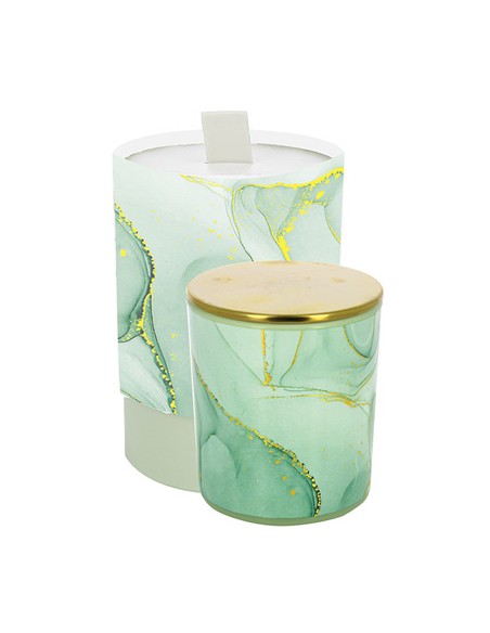 Candela bicchiere effetto marmo verde vetro tappo gold 7x8cm con scatola decorato | G3S