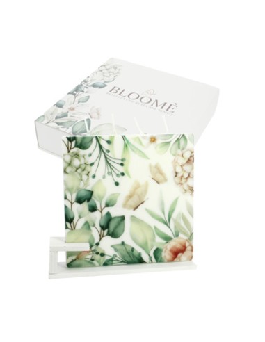 Candela piatta quadrata bloome botanic ortensie verde 13x13cm con supporto con scatola | G3S
