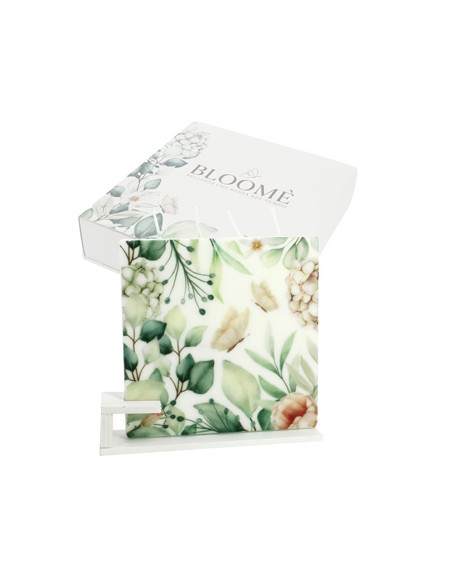 Candela piatta quadrata bloome botanic ortensie verde 13x13cm con supporto con scatola | G3S