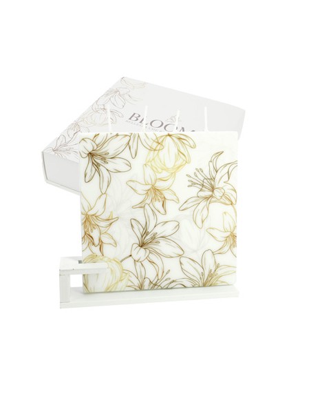 Candela piatta quadrata bloome giglius bianco 13x13cm con supporto con scatola | G3S