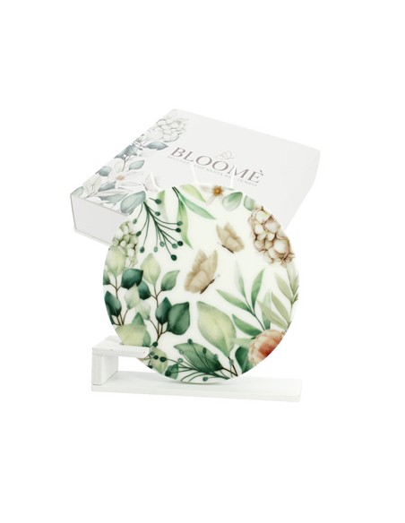 Candela piatta tonda bloome botanic ortensie verde Ø14cm con supporto con scatola | G3S