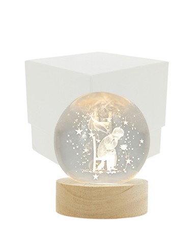 Luce notturna sfera led bimbo pensante 3d su base legno con usb Ø6cm con scatola | G3S