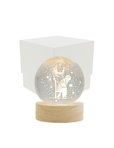 Luce notturna sfera led bimbo pensante 3d su base legno con usb Ø6cm con scatola | G3S