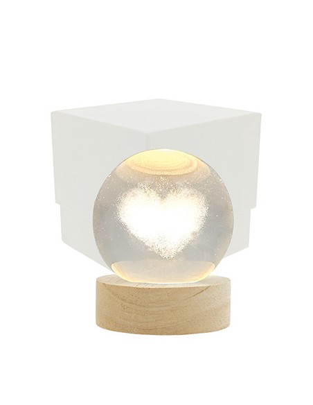 Luce notturna sfera led cuore 3d su base legno con usb Ø6cm con scatola | G3S