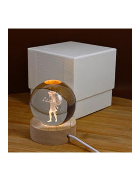 Luce notturna sfera led fatina 3d su base legno con usb Ø6cm con scatola | G3S