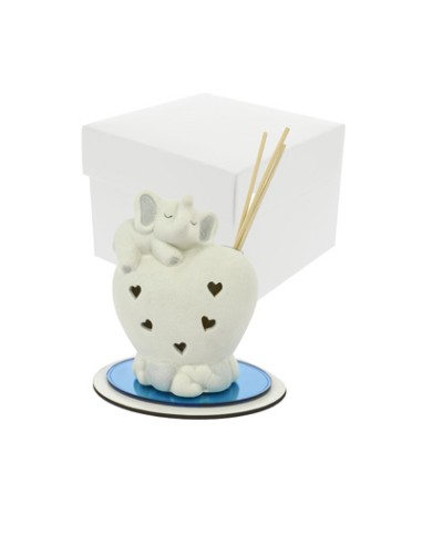 Profumatore led cuore elefantino baby cielo su base plex 14x14cm porcellana con scatola | G3S