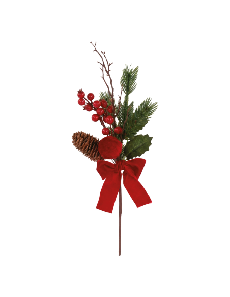 Pick con sfera e pigna e fiocco velluto rosso h 40 cm