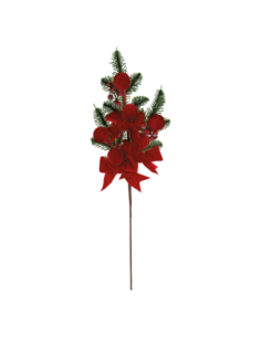 Ramo pino e sfere e fiocchi velluto rosso h 60 cm