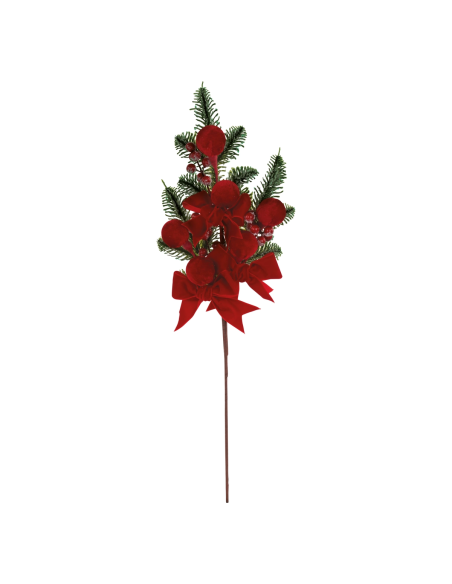 Ramo pino e sfere e fiocchi velluto rosso h 60 cm