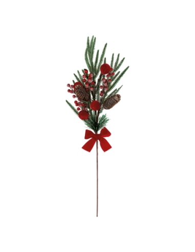 Ramo pino e pigne e sfere velluto rosso h 75 cm