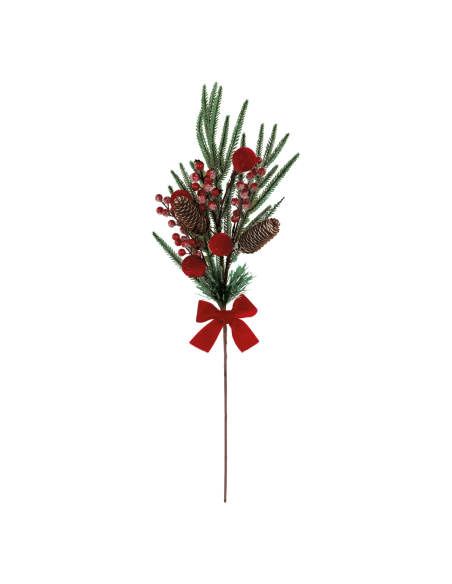Ramo pino e pigne e sfere velluto rosso h 75 cm