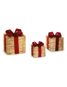 Set 3 pacchi luminosi oro con fiocco rosso h 18