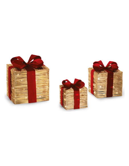 Set 3 pacchi luminosi oro con fiocco rosso h 18