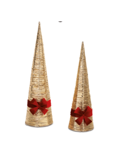 Set 2 coni luminosi oro con fiocco rosso h 50 e 60 cm