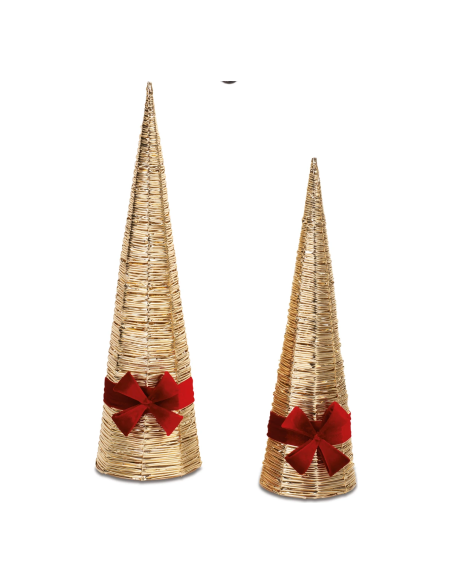 Set 2 coni luminosi oro con fiocco rosso h 50 e 60 cm