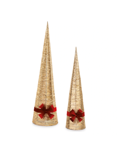 Set 2 coni luminosi oro con fiocco rosso h 90 e 120 cm