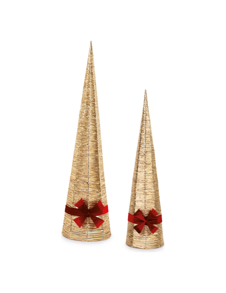 Set 2 coni luminosi oro con fiocco rosso h 90 e 120 cm