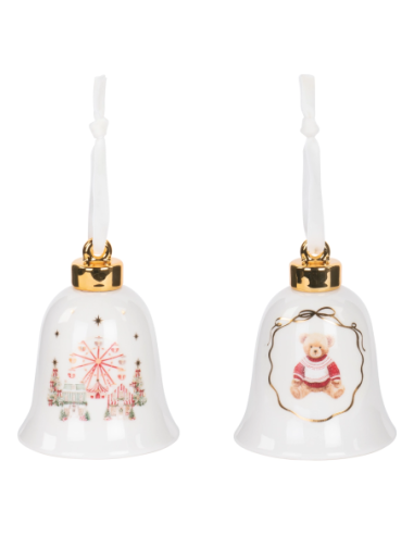 Campanella bianca Xmas Market con decori natalizi fronte/retro h 12 cm