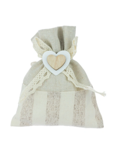Sacchetto a righe con cuore in legno Beige 11x10 cm