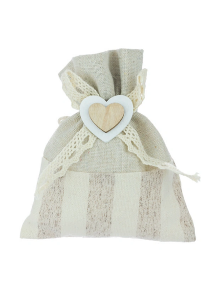 Sacchetto a righe con cuore in legno Beige 11x10 cm