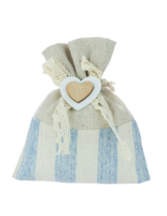 Sacchetto a righe con cuore in legno Celeste 11x10 cm