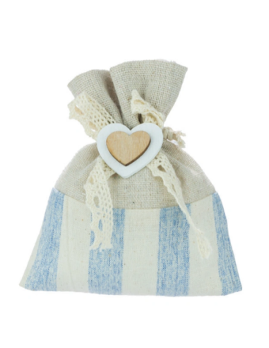 Sacchetto a righe con cuore in legno Celeste 11x10 cm