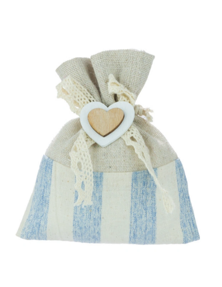 Sacchetto a righe con cuore in legno Celeste 11x10 cm