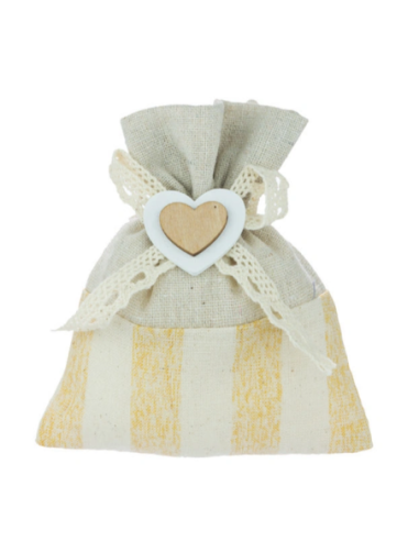 Sacchetto a righe con cuore in legno Panna 11x10 cm