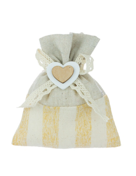 Sacchetto a righe con cuore in legno Panna 11x10 cm