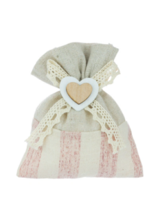Sacchetto a righe con cuore in legno Rosa 11x10 cm