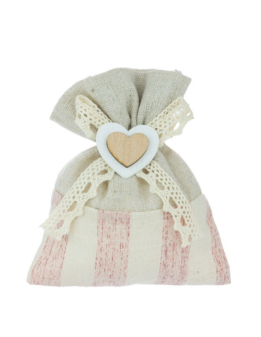 Sacchetto a righe con cuore in legno Rosa 11x10 cm